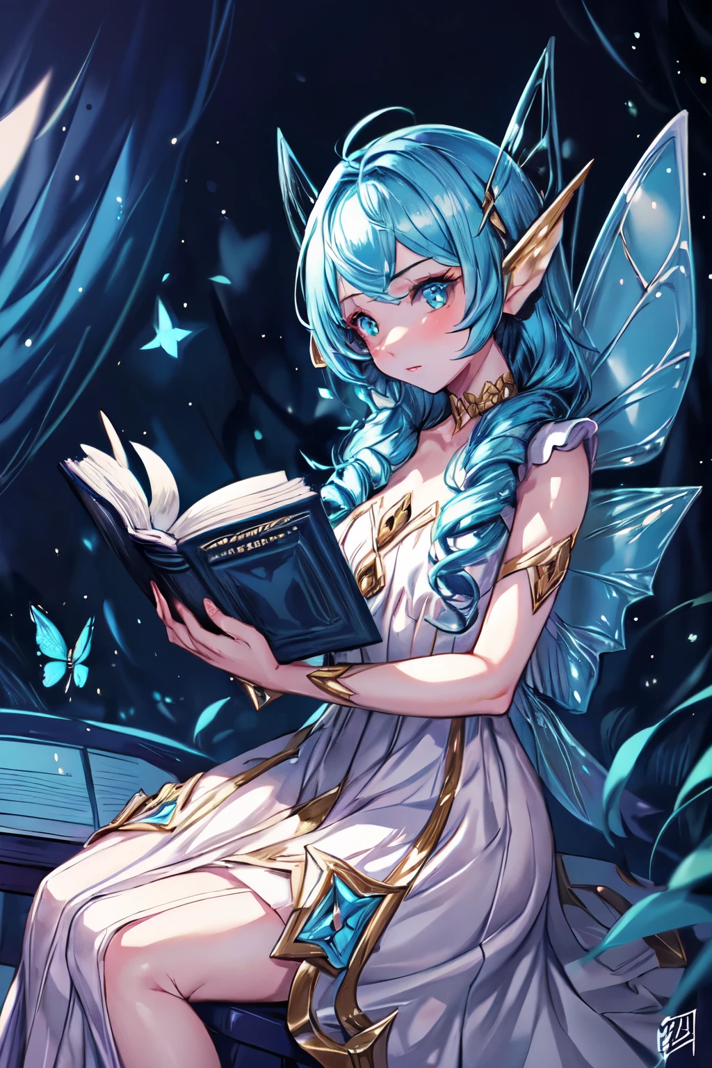 buterfly fairy wings, (((fairy woman sitting down, studying from a book))),girl reading a book, gorgeous anime fairy, in a library, gwen from league of legends, gorgeous blue and white sensual gala dress, reading pose