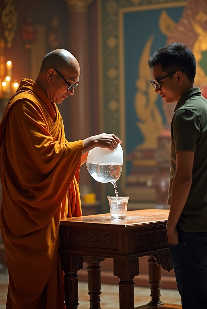 Make a realistic image of a Buddhist human holding a two-liter jug of water and filling a glass from that jug., that glass reaches its maximum capacity and water spills out, that he is in a temple with a scientist sitting in front of him 