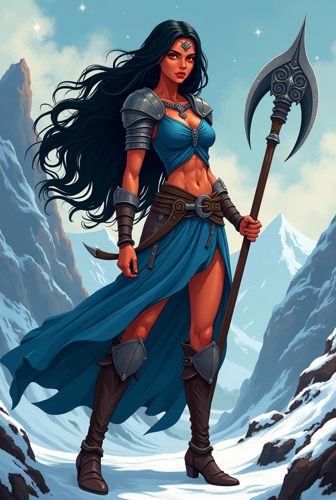Animated art of a very beautiful viking woman with black wavy hair, Red eyes, Redskin, with a scythe in her hands combat stance wearing a skirt with armor (sky blue) and brown boots, Whole body, Whole body