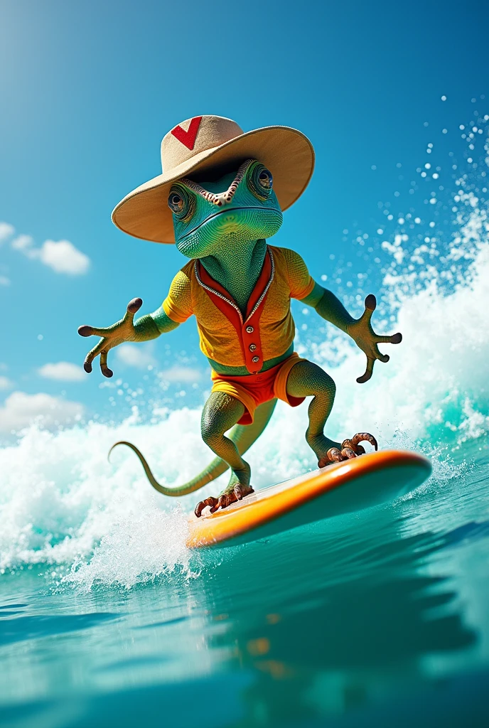 chameleon, surfing clothes, hat with a V, a V-shaped board, put a V use a V LOGO TYPE V