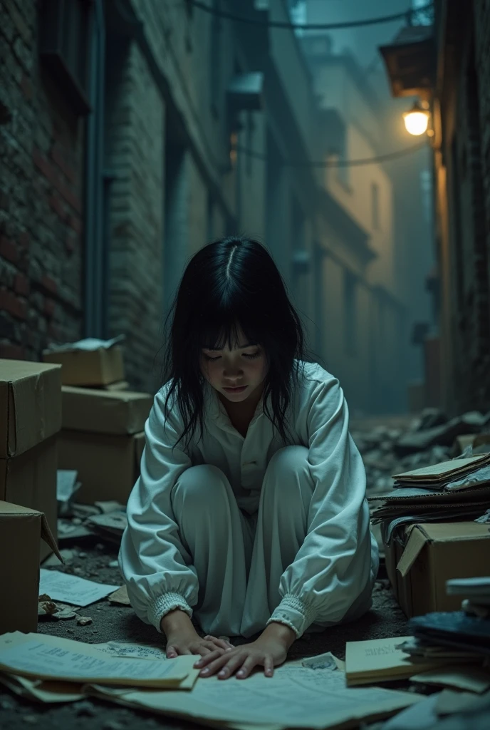 create the image of a black-haired human ager with clothes that cover her entire body in white, orphan, looking for documents