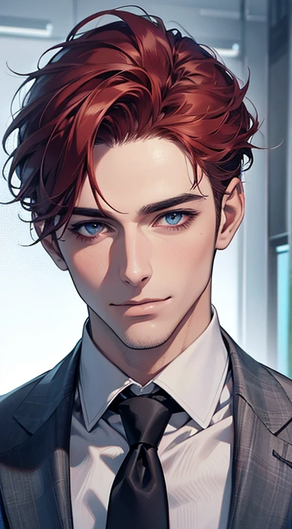 (Highest quality,4K,8K,High resolution,masterpiece:1.2),Super detailed,(Realistic,photoRealistic,photo-Realistic:1.37),1 person,31 years old,Mature Men,Beautiful skin、very handsome,Expressionless,smile,Short gray red hair,blue eyes,Sharp Eyes,A perfect face without a doubt,Businessman,Office Background,Cinema Lighting,HDR image,tie、