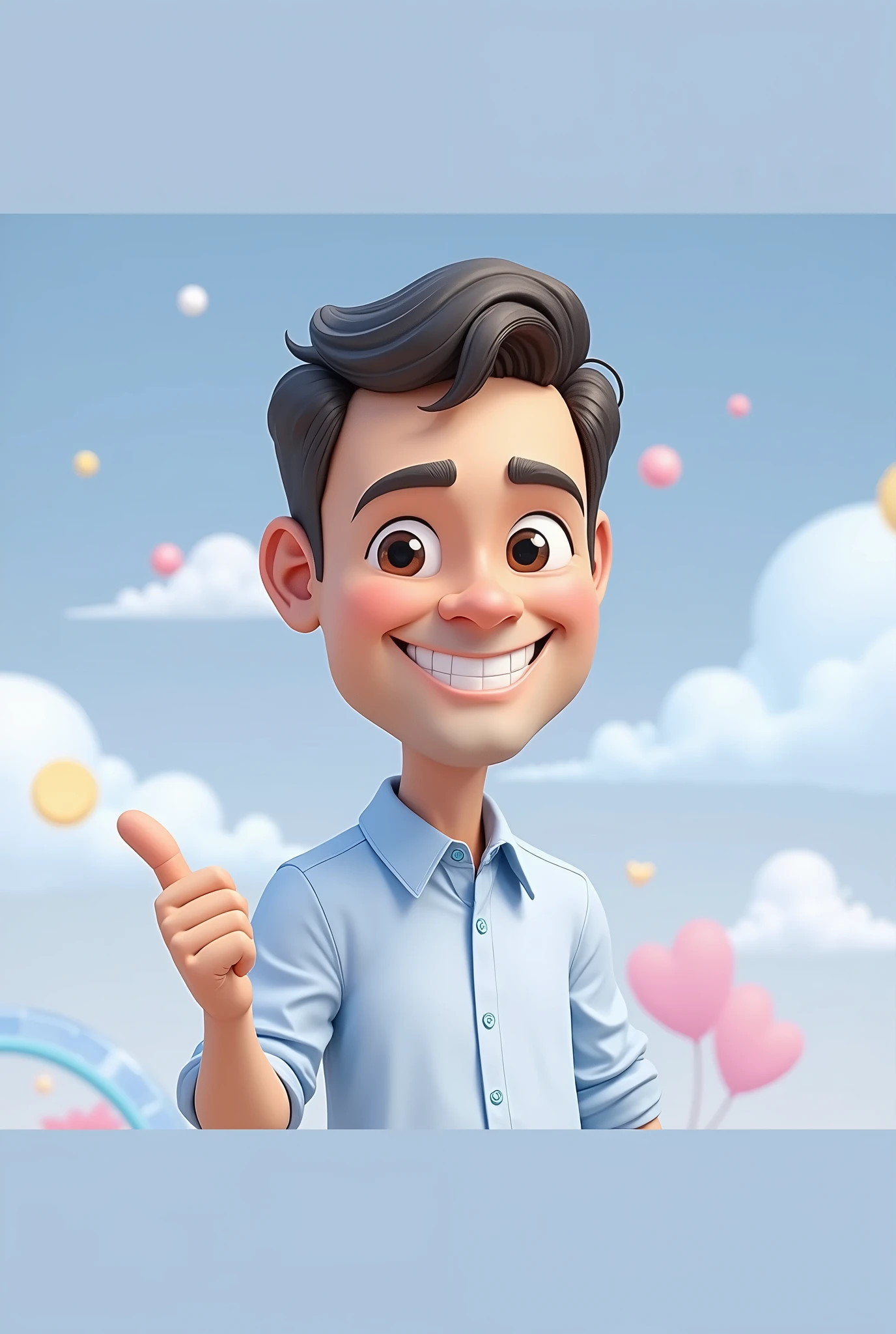 Cartoon character of a man blue shirt 35 years old, an animated character, stylized character, animation style rendering, 3d stylized, smiling and making a nice hand sign