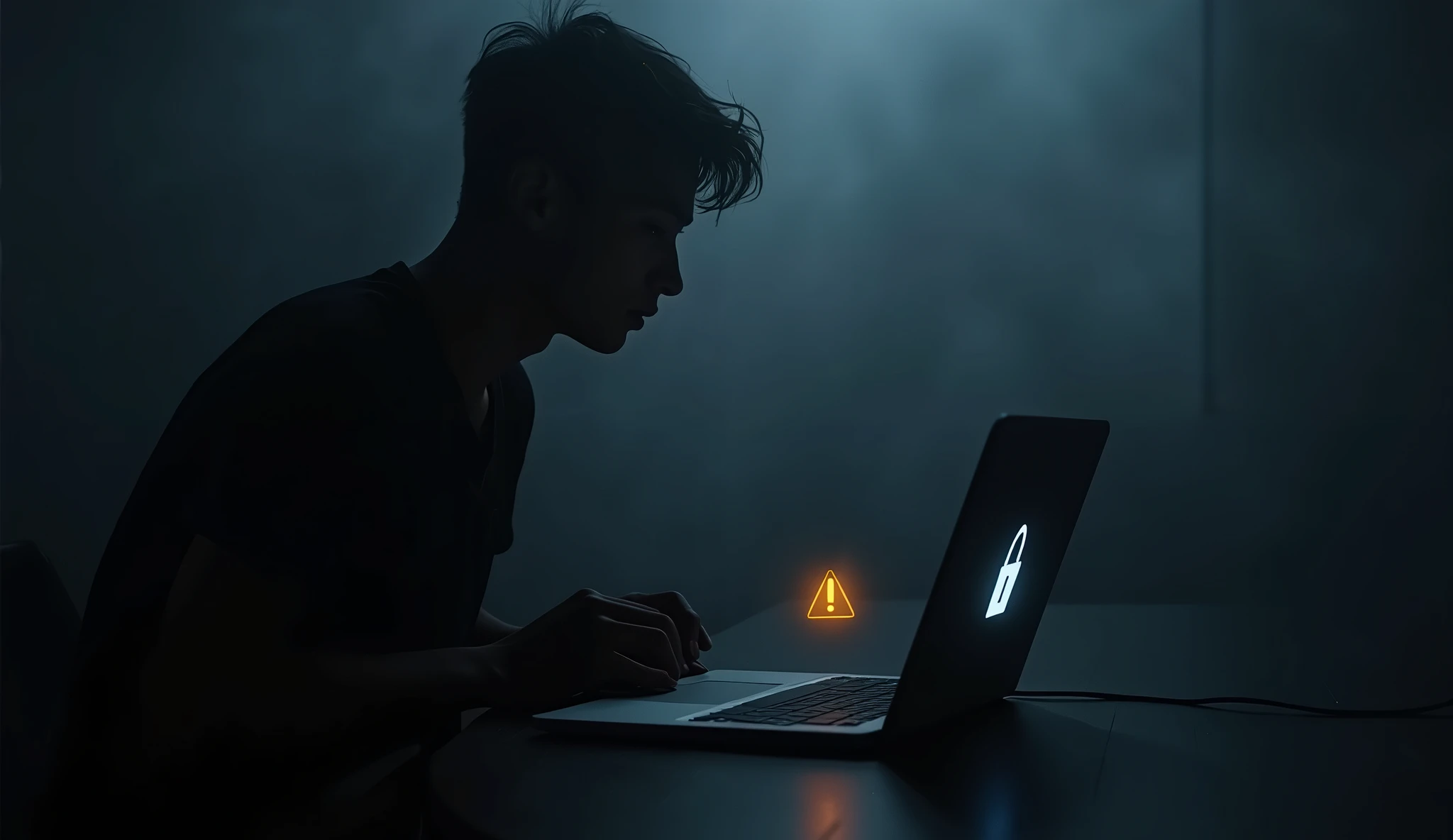 Create a dark background using shades of gray or dark blue to evoke mystery and alertness; position the silhouette of a person from the side, slightly tilted, with their face turned toward a laptop, in black or dark gray to stand out against the background; place the open laptop in front of the person, with the screen visible in profile, and add a Wi-Fi icon on the screen; over the screen or near the silhouette, add a Wi-Fi icon in white or light blue to contrast with the dark background; next to the Wi-Fi icon, insert a small broken padlock in red or orange to suggest an insecure connection; add a slight glow around the silhouette or the Wi-Fi icon to make them stand out more; insert a small yellow alert triangle with an exclamation point in a corner of the thumbnail to increase the sense of urgency; adjust the contrast and clarity of all elements to ensure the message is clear and attractive, even in a reduced size.