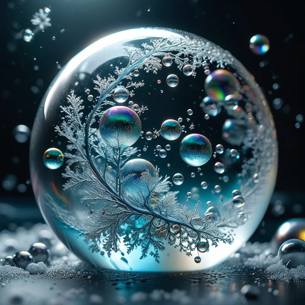 masterpiece, best quality, 8k, professional , famous artist , Art Station Trends, intricate details, detailed, Realism, book , realistic, dark shadow, natural light, dramatic, realistic source, frozen bubble: Capture the intricate patterns and shapes of soap bubbles frozen in time., It shows the delicate and transient nature of these celestial structures...