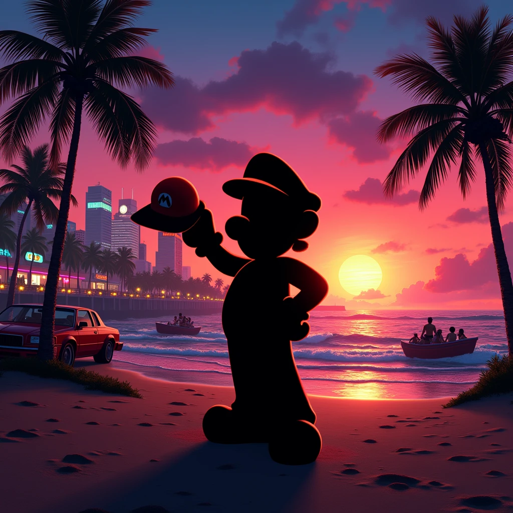 black shadow of mario bros browser on a beach in vice city gta