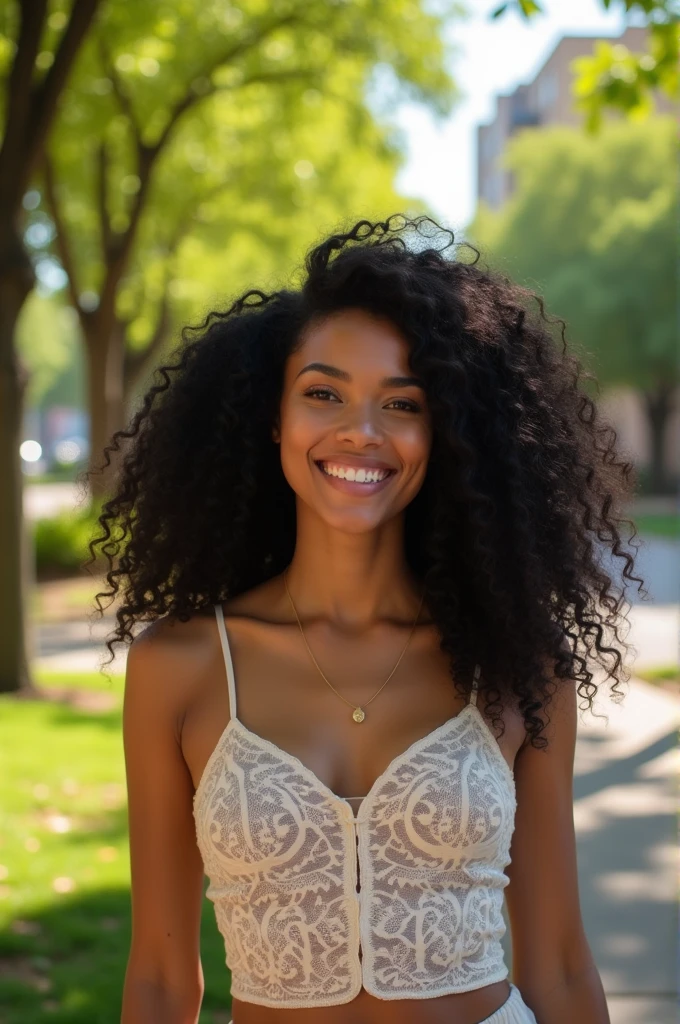 A woman with big black curly hair and white skin 