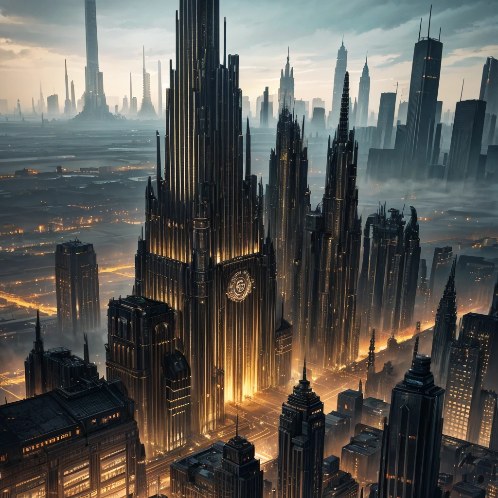 Landscape view of a metropolis city in dieselpunk style made of black metal in black dieselpunk style and from the 1947s with buildings of different shapes 