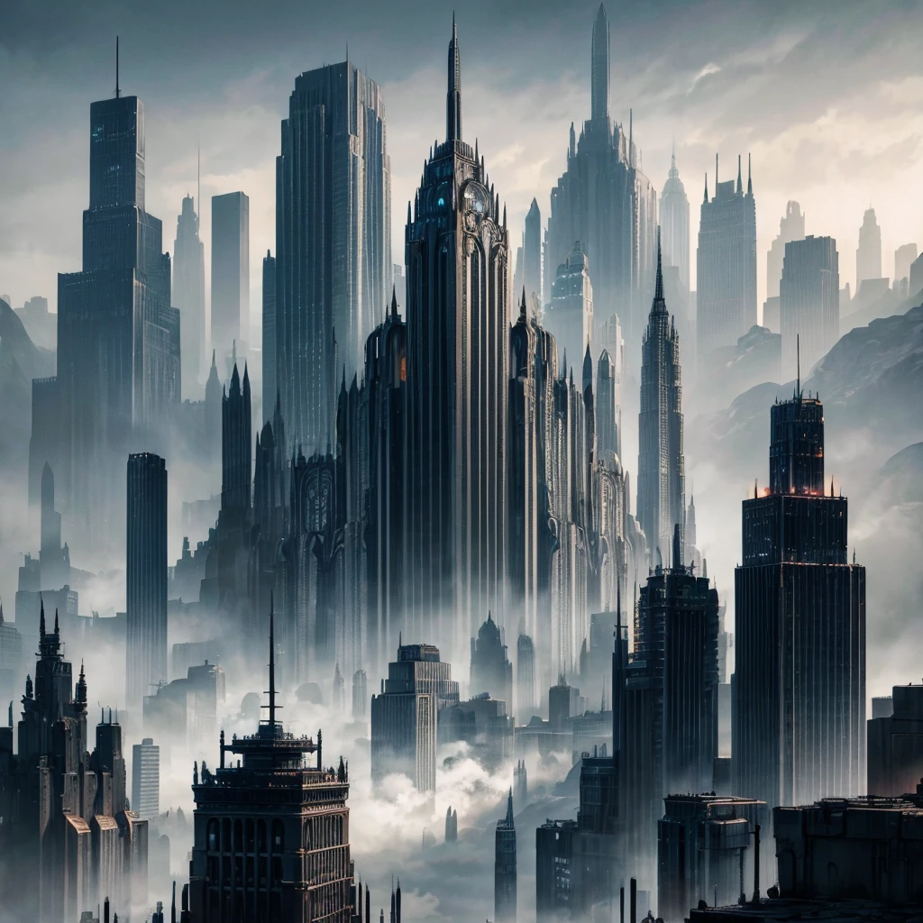 Landscape view of a metropolis city in dieselpunk style made of black metal in black dieselpunk style and from the 1947s with buildings of different shapes