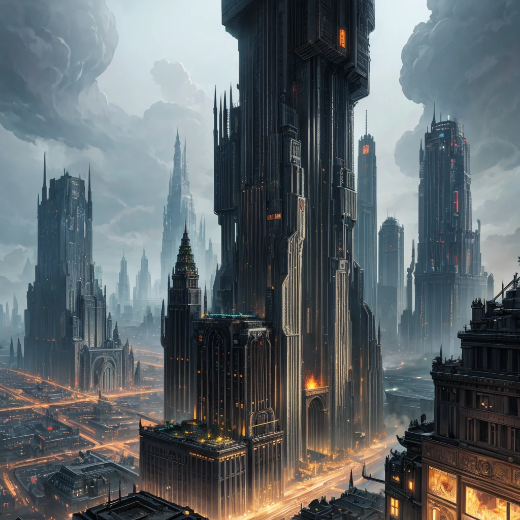 Landscape view of a metropolis city in dieselpunk style made of black metal in black dieselpunk style and from the 1947s with buildings of different shapes