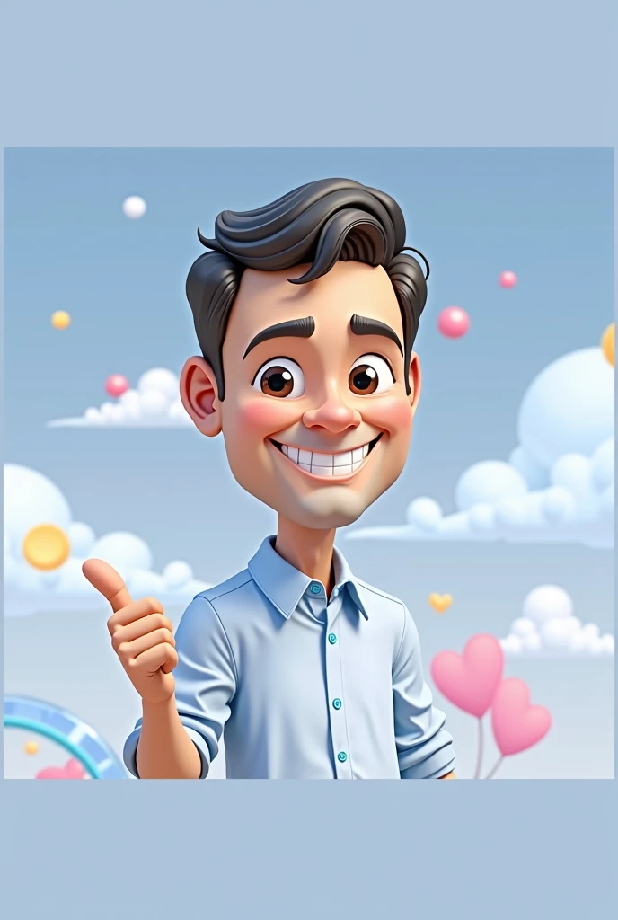 Cartoon character of a man blue shirt 35 years old, an animated character, stylized character, animation style rendering, 3d stylized, smiling and making a nice hand sign