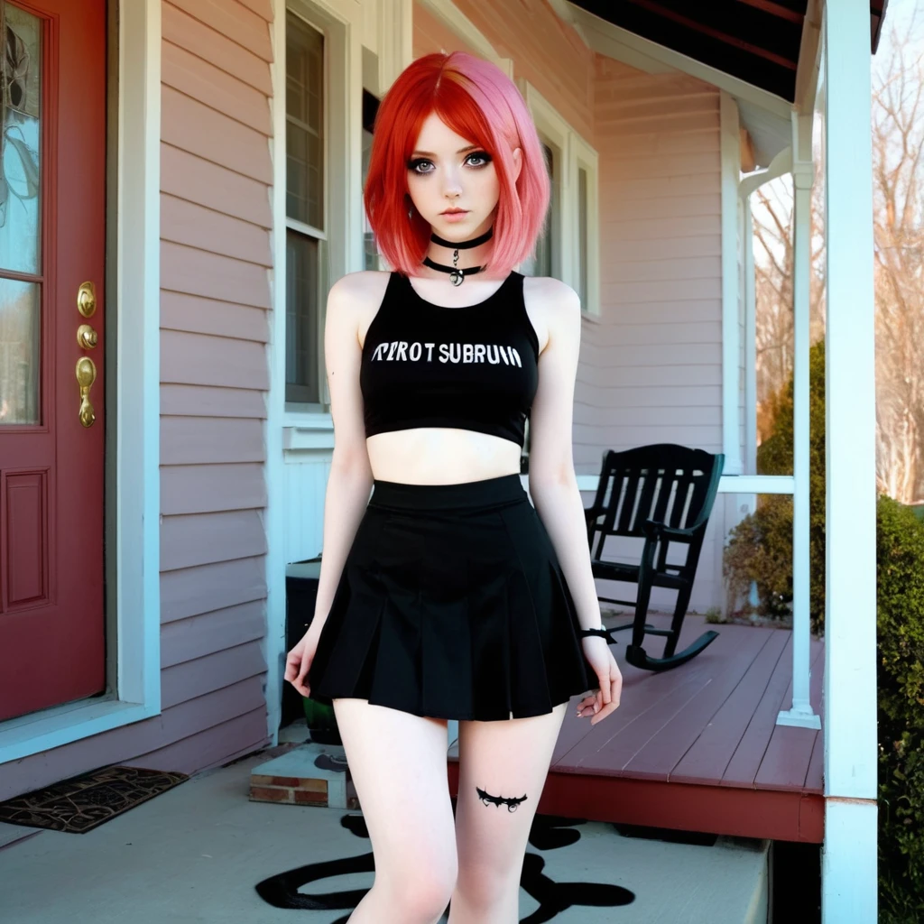 Front porch of suburban house, pastel goth, sexy goth girl, photo of cute 20 year old Italian redhead women, bare foot, short skirt, standing, full body picture, no lipstick, no lipstick, cinematic shot, hard shadows, photorealistic, cute face, looking at the viewer, photography, raw photo, white rainbow hair, detailed skin, sexy goth girl, face blush, front porch of suburban house, pastel goth, sexy goth girl, photo of cute 20 year old Italian redhead women, bare foot, short skirt, standing, full body picture, no lipstick, no lipstick, cinematic shot, hard shadows, photorealistic, cute face, looking at the viewer, photography, raw photo, white rainbow hair, detailed skin, sexy goth girl, face blush. Realistic, perspective, religious or mythological themes, highly detailed