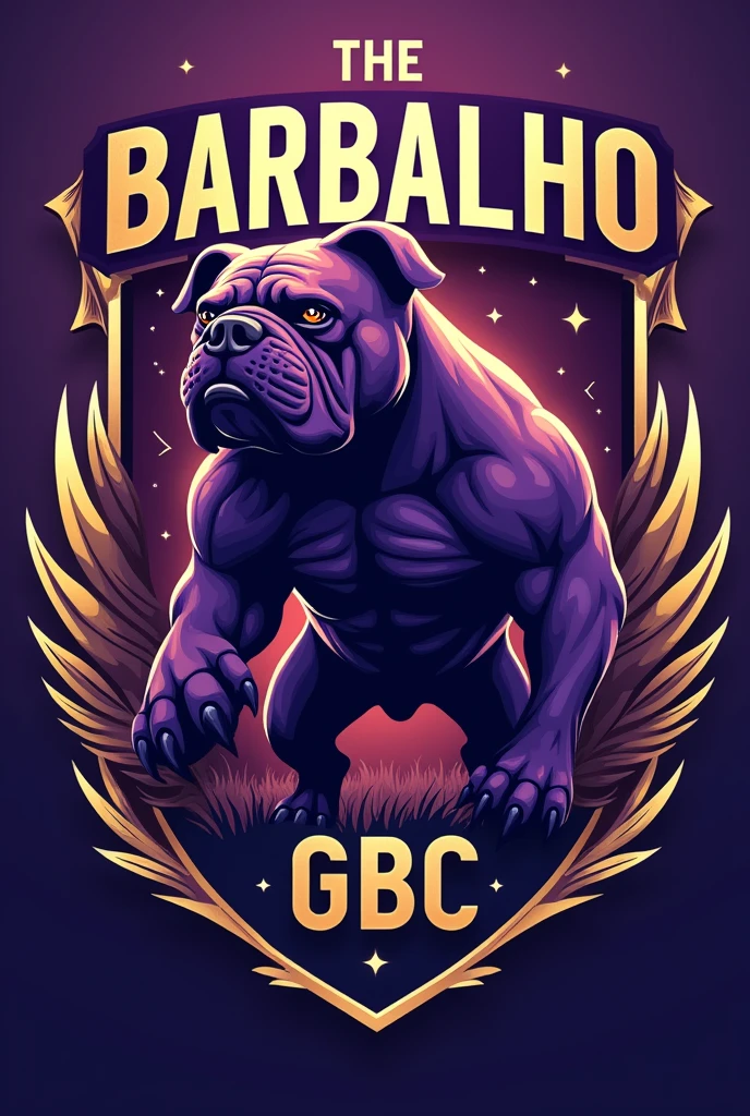 Create a shield for a football team called Barbalho GBC in Portuguese, purple and gold colors, bulldog