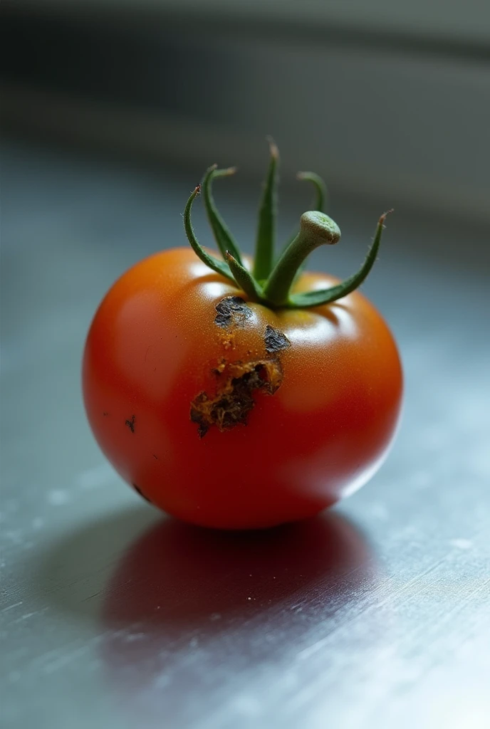 Cherry tomato with symptoms of sinking and necrosis on an aluminum counter