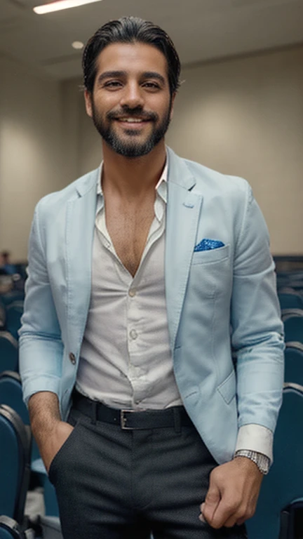 (((masterpiece))), (((Of the highest quality))), ((Very detailed)), (Photography), ((very delicate and beautiful)), High resolution,
A 35-year-old Argentine man,
(white skin complexion), (medium black hair, a little disheveled), (very handsome and manly), (Beautiful smile), (Brown eyes), (male facial features), (medium sized beard, complete)
(aesthetic body), (Urban fashion), (Detailed fingers),
((men'style)),
(Scene in a full auditorium giving a presentation as a successful coach smiling ), (Upper part of the body), blazer azul claro con camisa blanca con buen style,
((luz outfit)), ((film grain)), ((Single lens reflex camera)), ((35mm lens focal length))