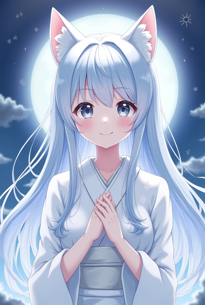 Light blue hair, long straight hair, white kimono, gray eyes, cheerful face, facing forward, white cat ears, moonlit background