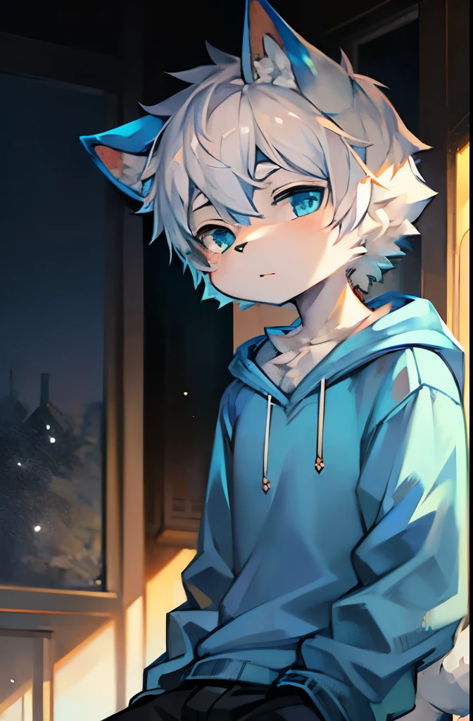 Furry, Anime furry, anthro male cat, light blue and white fur, short white hair, portrait, solo, blue sweatshirt, full body character, anime style character, digital painting