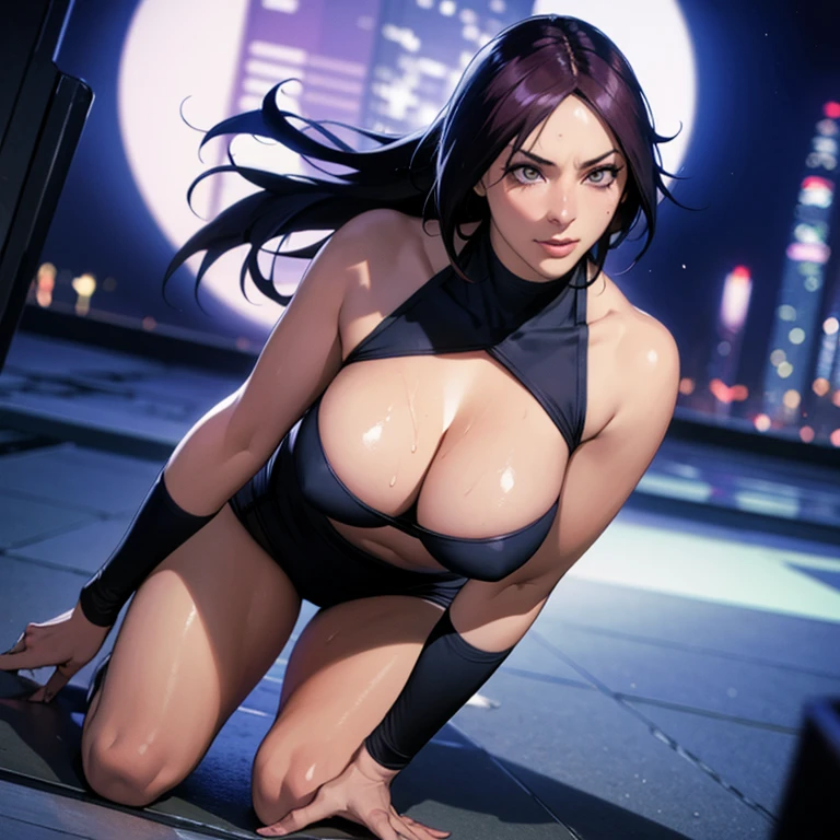 ((Master quality, 8K, masterpiece:1.3, ultra-detailed, high resolution, RAW Photos, detailed , blurry, Actual, hyper realistic, photo, HDR)), BREAK, Anatomically perfect, perfect hands, perfect legs, perfect feet, detailed eyes, BREAK, One person alone, yoruichi shihouin,, beautiful face, beautiful detailed eyes, (dynamic posing ), , ( Round and Stacked Breasts ), Cleavage, abs, seductive smile:1.5, Sweat-soaked skin, BREAK, wearing( ), , Graffiti art, BREAK, ( Random Angle, full-body, ), dynamic angle, , background(Realistic , cinematic lighting, depth of field, night , the full moon,, cyberpunk city atmosphere light particles, , )