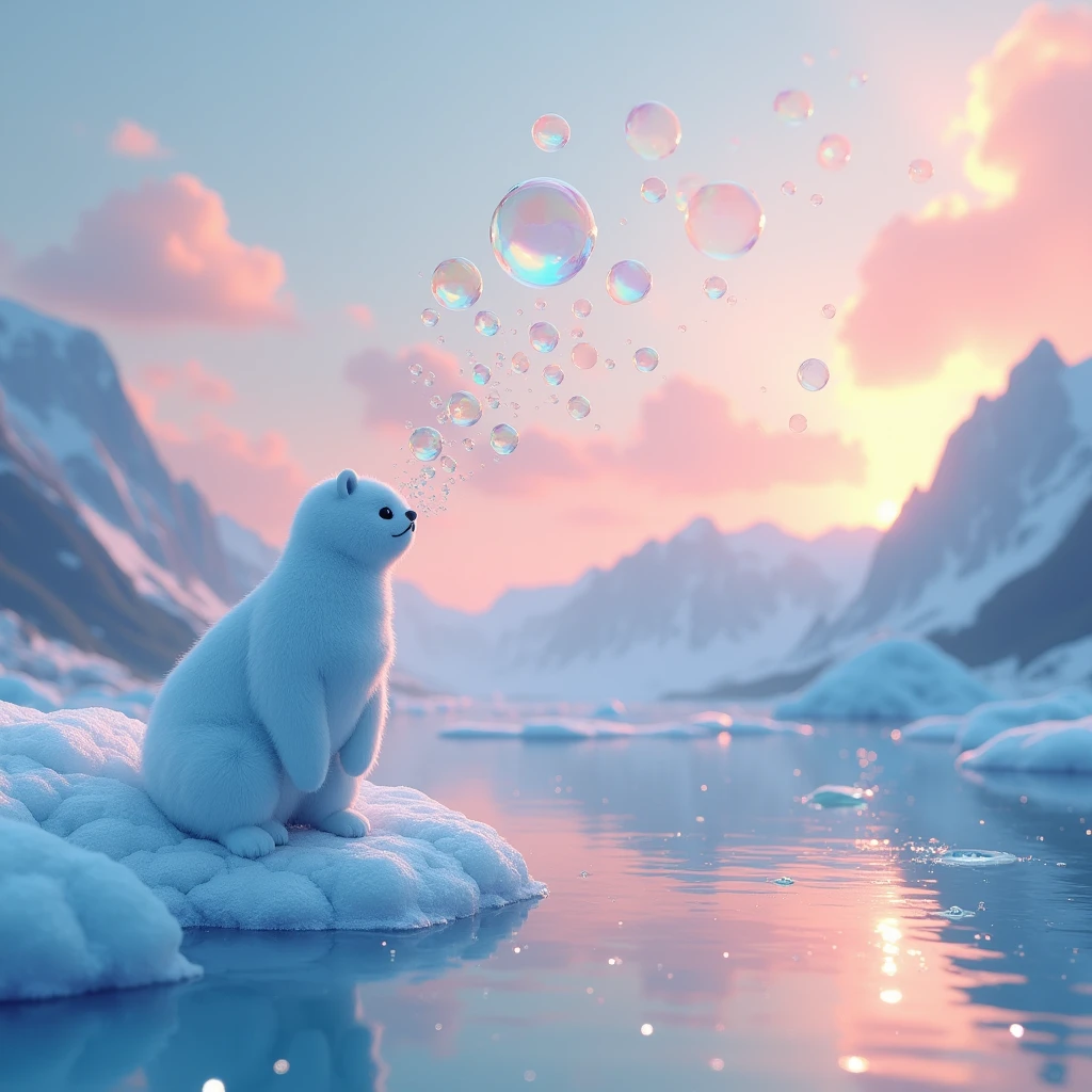 Ultra HD 3D graphics,Showcasing the Glacier wishing on the tranquil shores of a lake. Glacier, Beautiful rendering details, Watch as he gently blows bubbles into the air., Everyone has a hopeful wish. Bubbles capture the reflection of the setting sun., Create a dream, magic effect. The overall atmosphere is gentle, Full of hope and peace