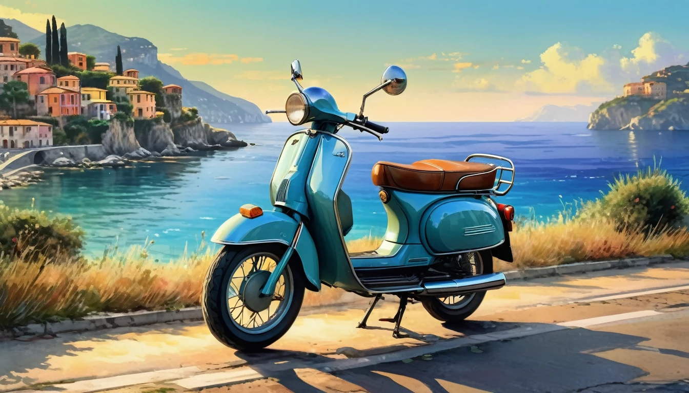 Historical masterpieces,Italian coast at dusk,Picture of a retro moped parked on the road, Beautiful artwork, OutRun art style, Beautiful digital art, Great art style, Retro style, Landscape Background,, Highly detailed digital painting,Watercolor style, super Realistic painting style, Detailed 4K painting, Realistic painting style, Awesome Wallpapers
