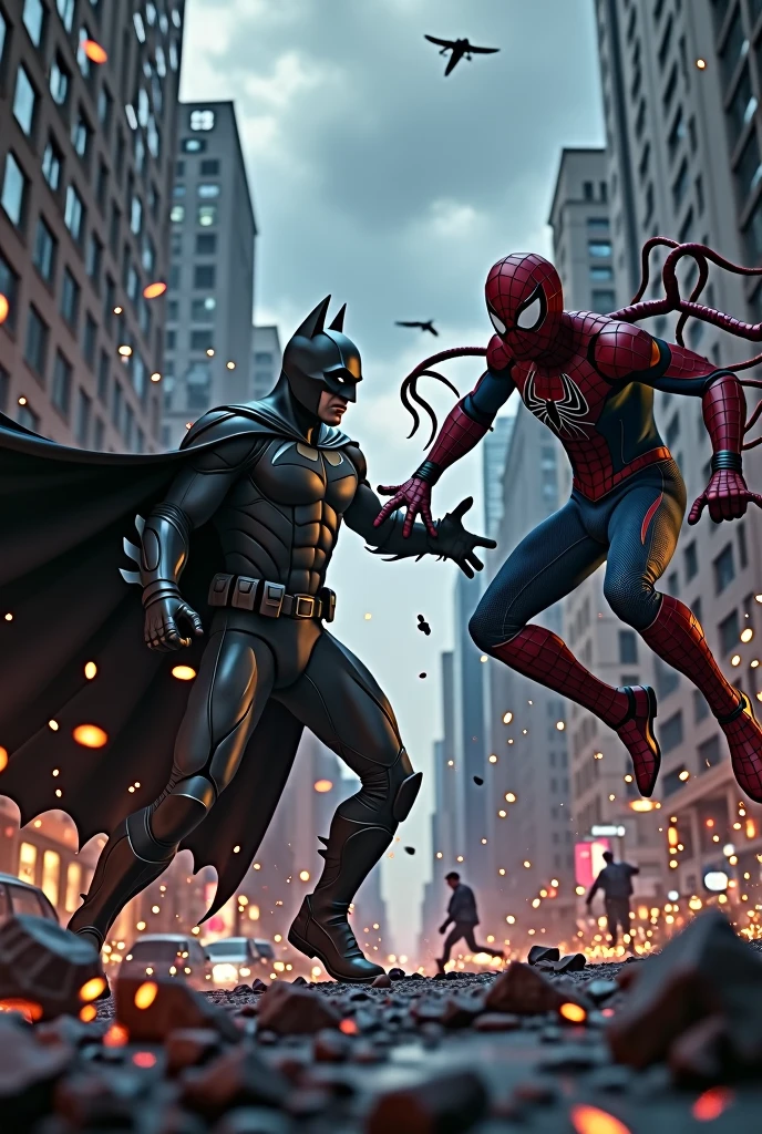 Batman et Spider-Man combatte Venom combat intense avec les Marvel derrière eux image 8K