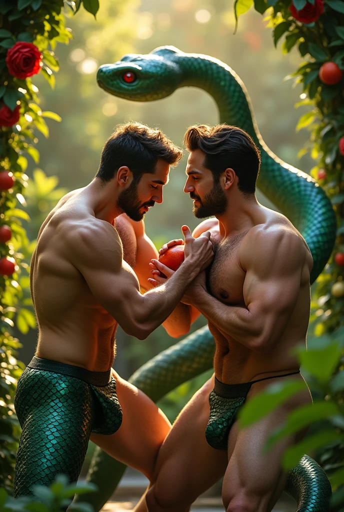 Adam is wrestling Joseph in the lush french garden with a french mansion background. Joseph is feeding Adam a large forbidden fruit. Behind Joseph is a large green snake with red eyes. Adam is an attractive handsome muscular man, lustful, half lidded eyes, fully naked. Joseph is a mermale, seductive , sexy and fully naked. Penis and teats visible. Cum splatter. Lustful, climaxing, ejaculating, money shot scene. Facing camera