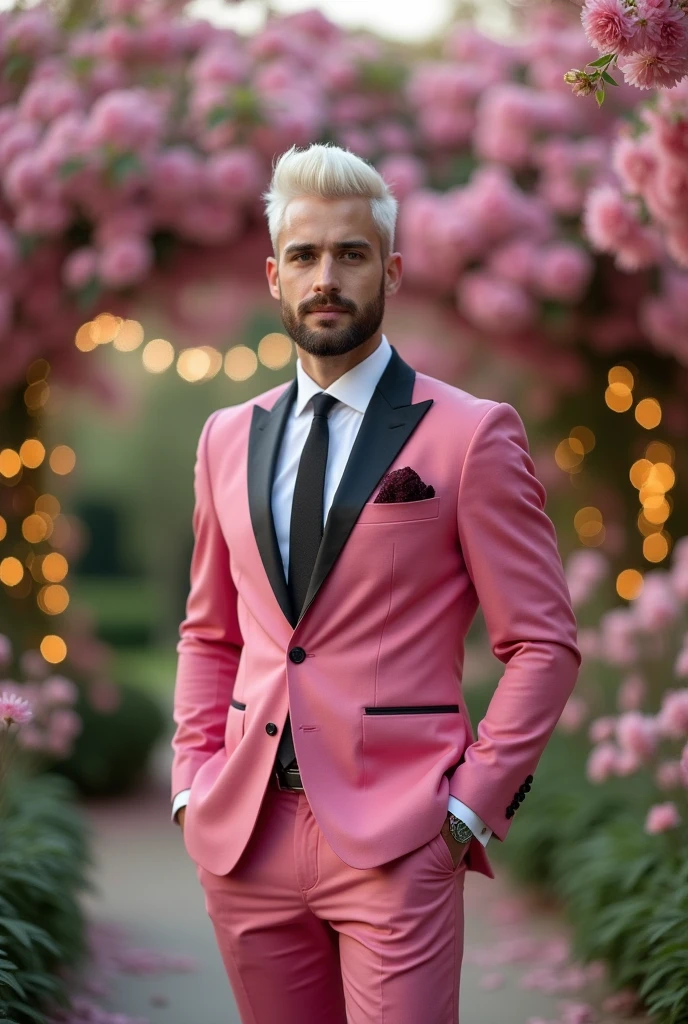 Groom with beard and mustache, pink suit black lapel white shirt , tie, platinum hair and burgundy loafers