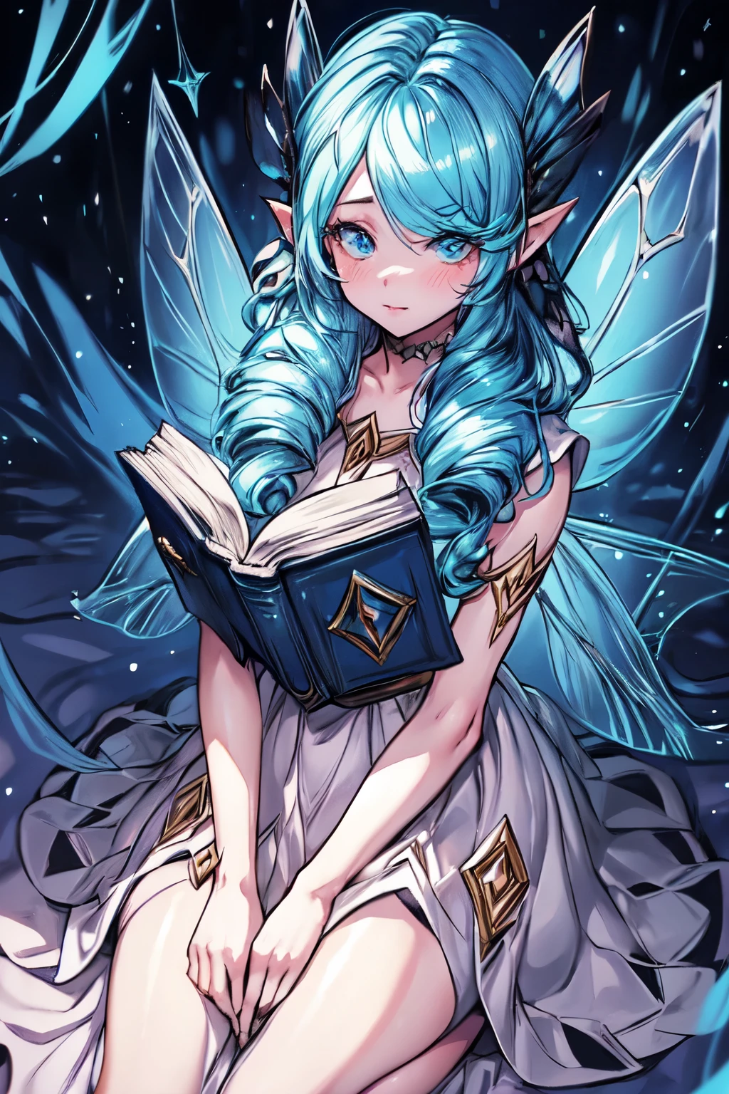 buterfly fairy wings, (((fairy woman sitting down, studying from a book))),girl reading a book, gorgeous anime fairy, in a library, gwen from league of legends, gorgeous blue and white sensual gala dress, reading pose