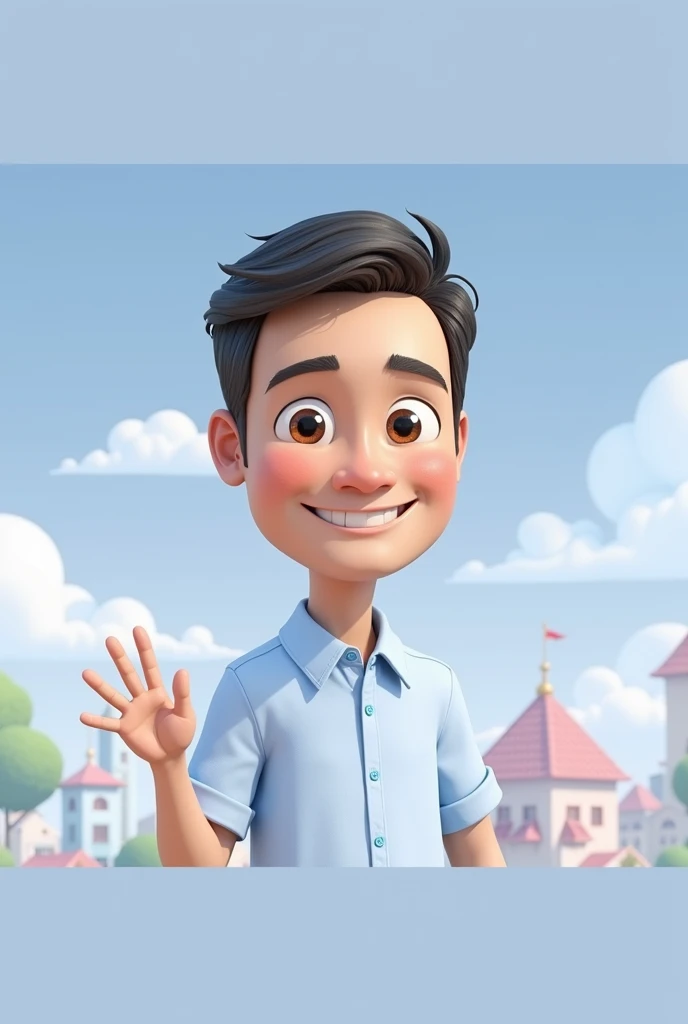 Cartoon character of a man blue shirt, 45 years old adult, an animated character, stylized character, animation style rendering, 3d stylized, smiling and making a stop sign with your hand