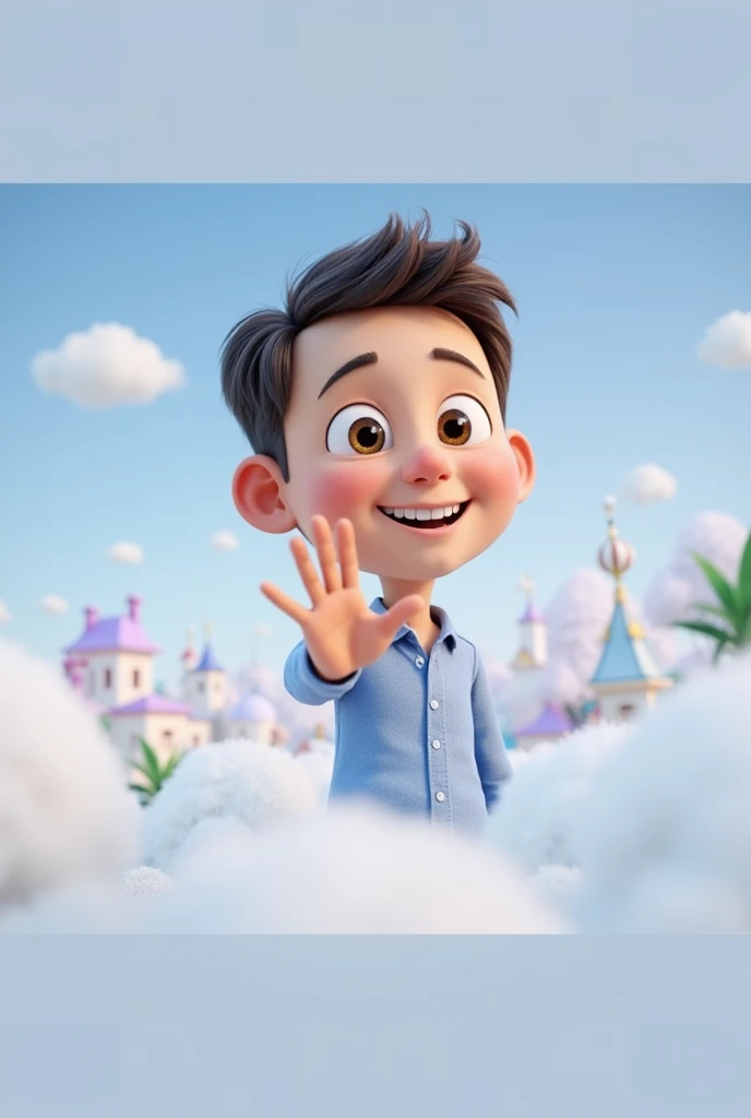 Cartoon character of a man blue shirt, 45 years old adult, an animated character, stylized character, animation style rendering, 3d stylized, smiling and making a stop sign with your hand