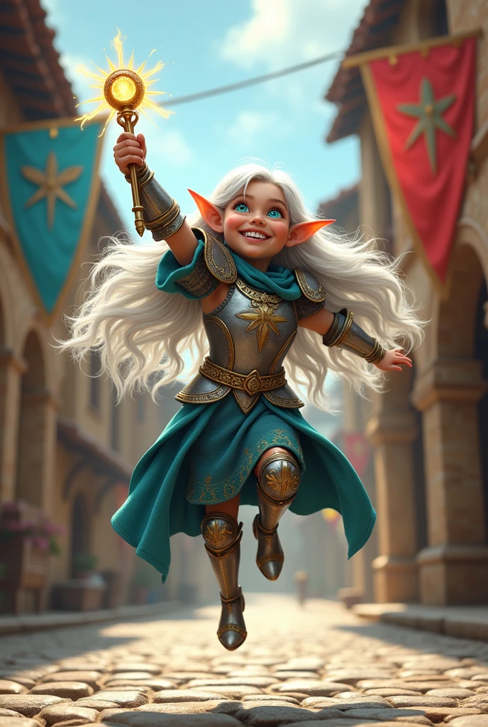 Adorable big-eyed elf priestess in a dynamic jumping hero pose, holy scepter held aloft, smiling joyfully, dynamic body angle (Elf girl:1.2), (busty nun:1.3), (solo:1.2), (pixiv masterpiece:1.2), (metal armor:1.2), (medieval fantasy town:1.0), (photorealistic:1.5)
