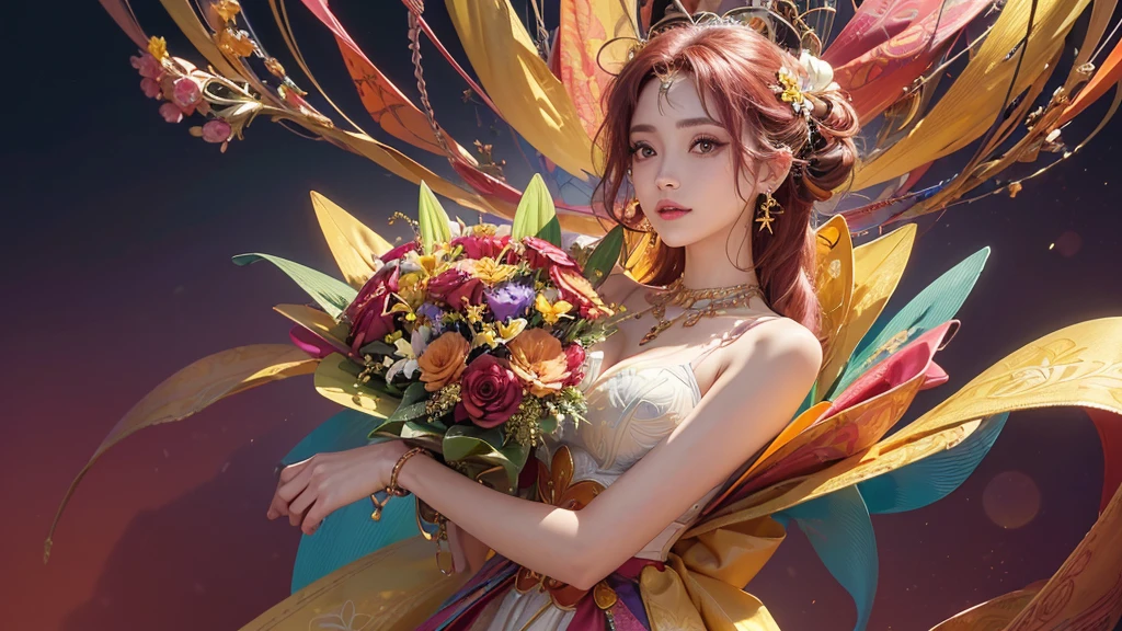 32K, 最高quality, 最高masterpiece, (ultra-Detailed Background, Detailed Background), High resolution, Super detailed, Very detailedな, 1 personの, (bouquet:1.3), (Tangled:1.2), (Geometric:1.2),(colorful),(masterpiece, quality, best quality, Official Art, Beautiful and beautiful:1.2), (1 person:1.3), Very detailed,(colorful:1.1)(Flowers:1.3),Most detailed,(Tangled:1.2), whole body, (Abstract background:1.3), (Skin glows), (Many colors:1.4), ,(Earrings Jewelry:1.5), Pale Red Background, It's imaginative., Milk tea colored hair, Updo,