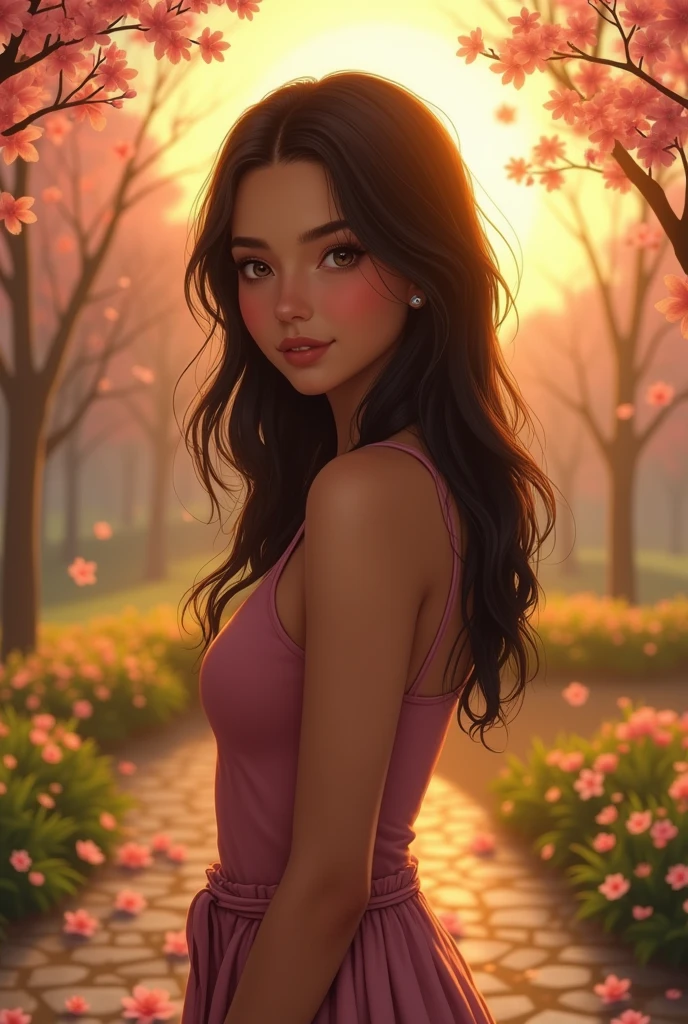 Create a picture of a 19 year old girl for me, with dark brown hair, smooth and above the waist, with pale brown skin, curvy body and dark eyes. Not very full cheeks, oval face and heart shaped lips.
