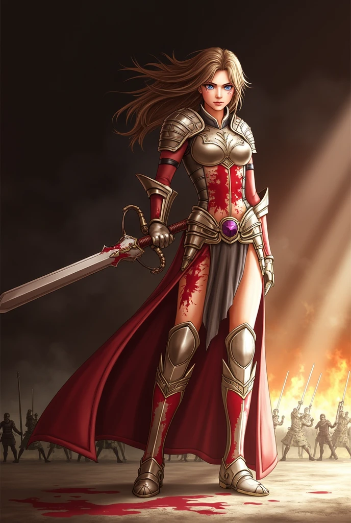 put a title that says "Miss General", with blood, while holding a sword, blue eyes, brown hair and white skin