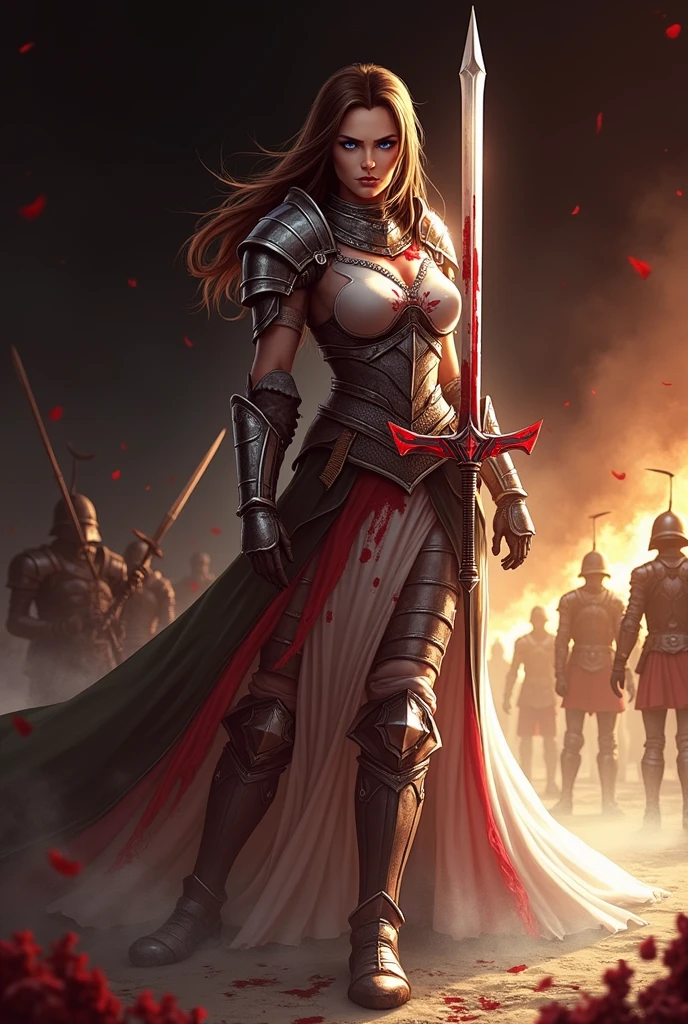 put a title that says "Miss General", with blood, while holding a sword, blue eyes, brown hair and white skin