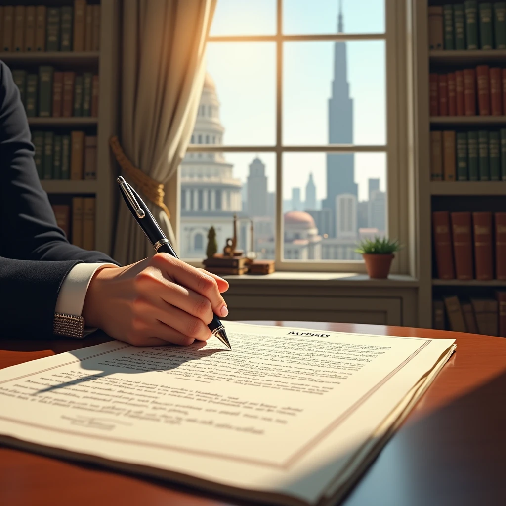woman&#39;s hand signing a document, in a studio with a window in the background overlooking buildings, background books, sunny day, realist, more focus on hands, lawyer ornaments

