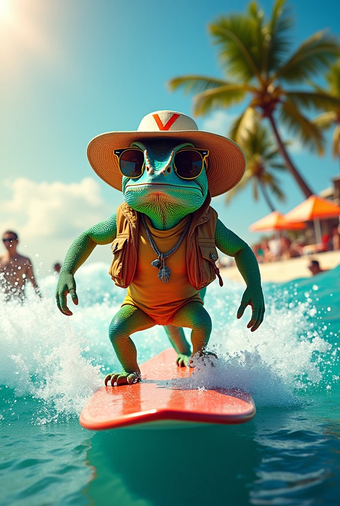 chameleon, surfing clothes, glasses, hat with a V, a V-shaped board, put a V use a V LOGO TYPE V
