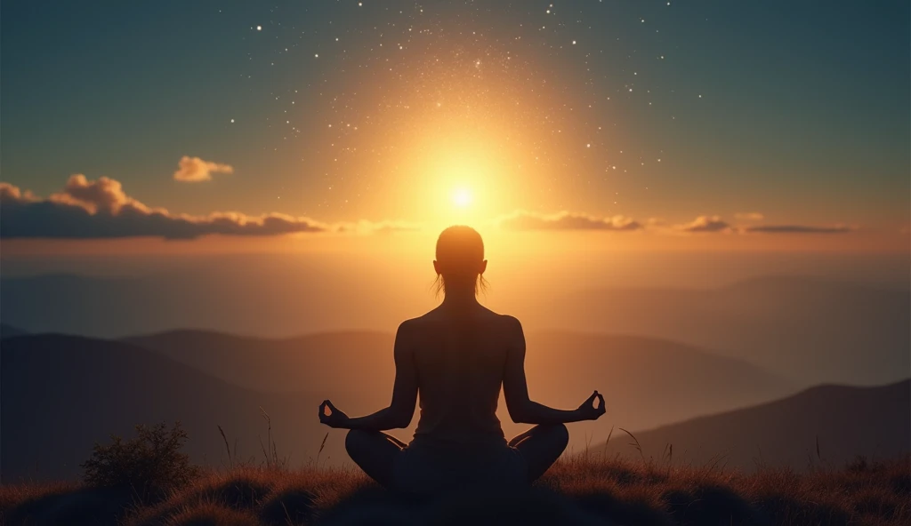 Silhouette of a person meditating with a golden aura around their head