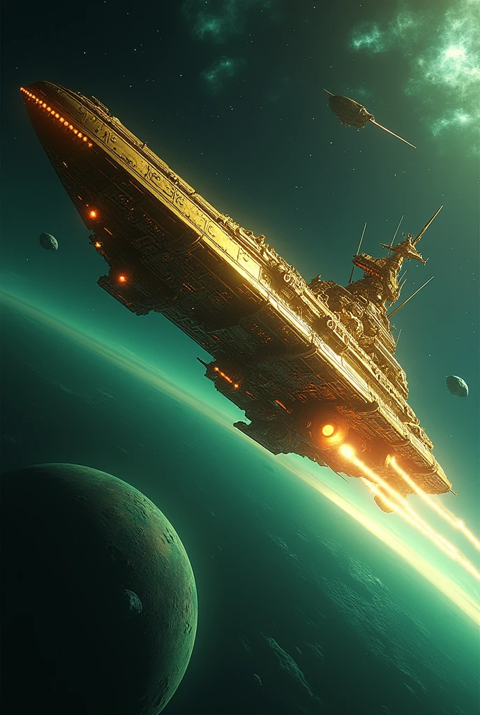 A great imperial golden spaceship in orbit firing its weapons upon a planet