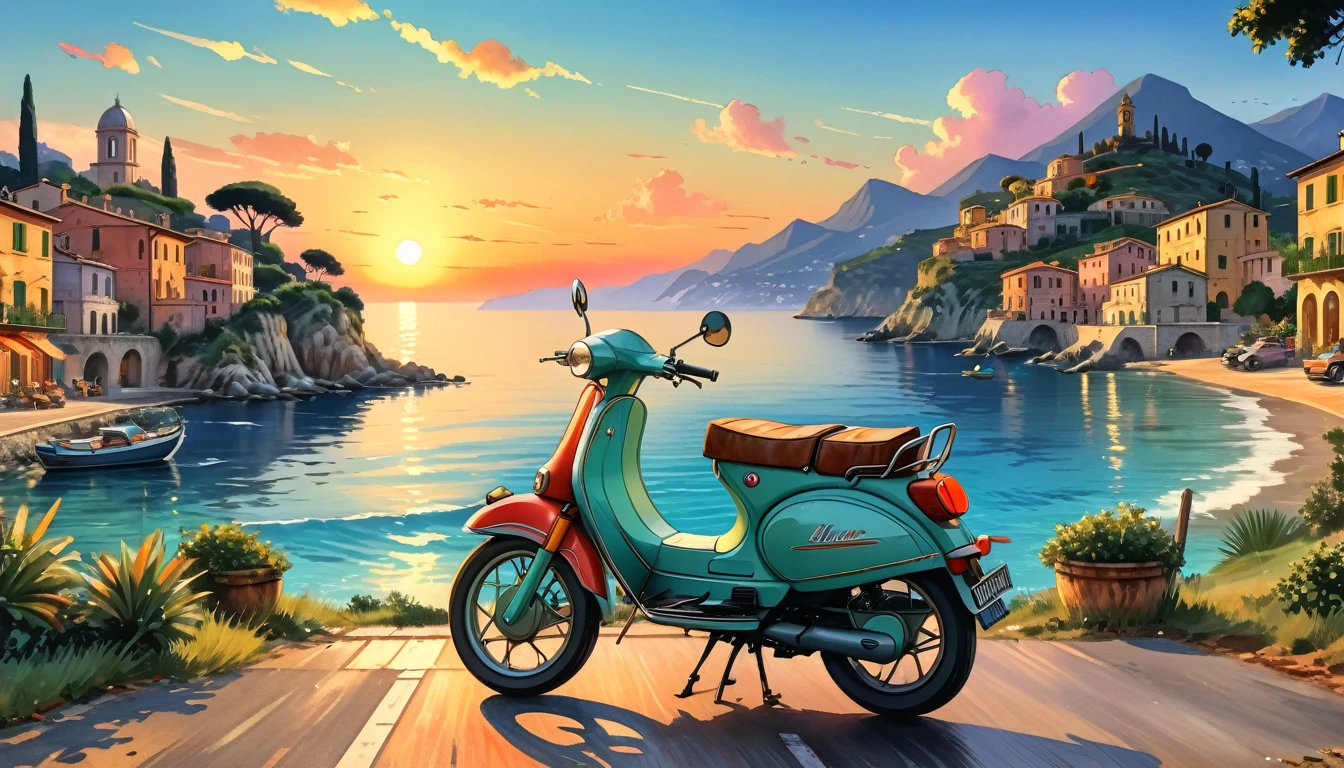 Historical masterpieces,Italian coast at dusk,Picture of a retro moped parked on the road, Beautiful artwork, OutRun art style, Beautiful digital art, Great art style, Retro style, Landscape Background,, Highly detailed digital painting,Watercolor style, super Realistic painting style, Detailed 4K painting, Realistic painting style, Awesome Wallpapers