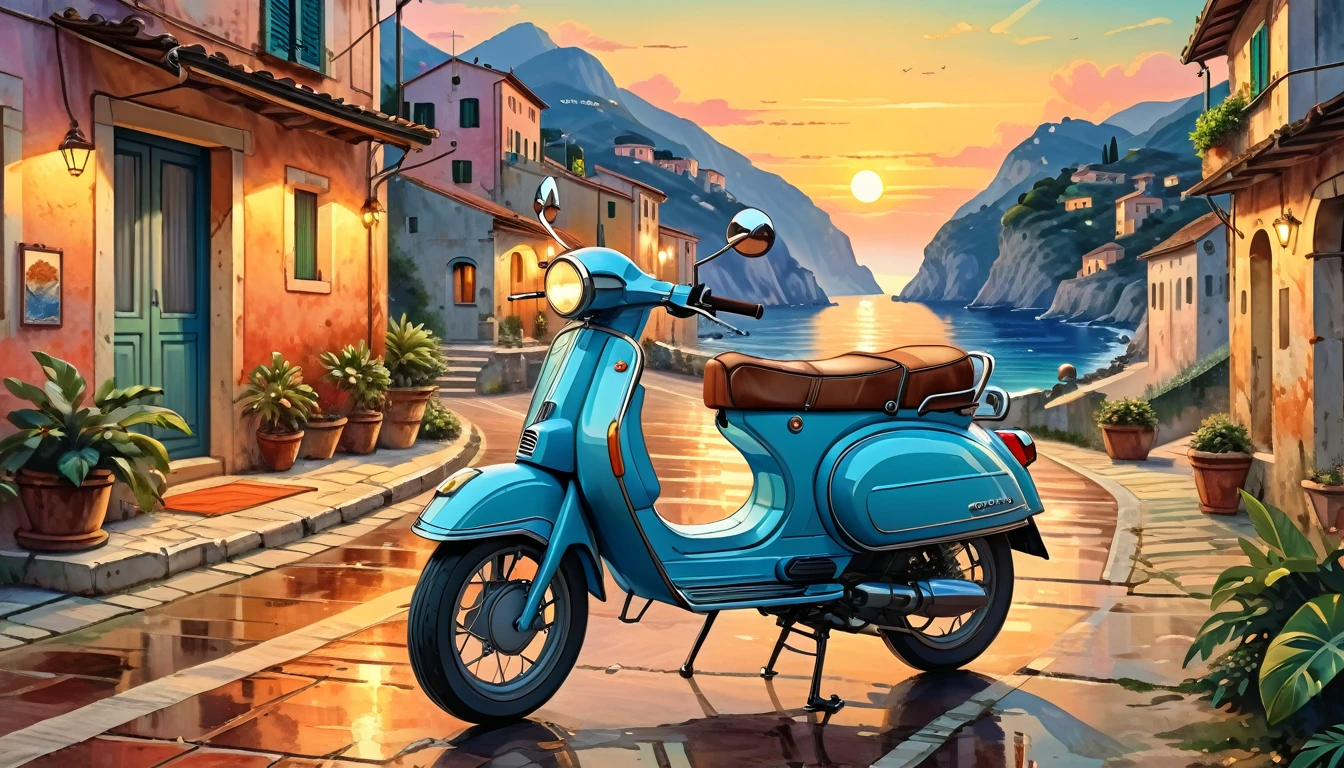 Historical masterpieces,Italian coast at dusk,Picture of a retro moped parked on the road, Beautiful artwork, OutRun art style, Beautiful digital art, Great art style, Retro style, Landscape Background,, Highly detailed digital painting,Watercolor style, super Realistic painting style, Detailed 4K painting, Realistic painting style, Awesome Wallpapers