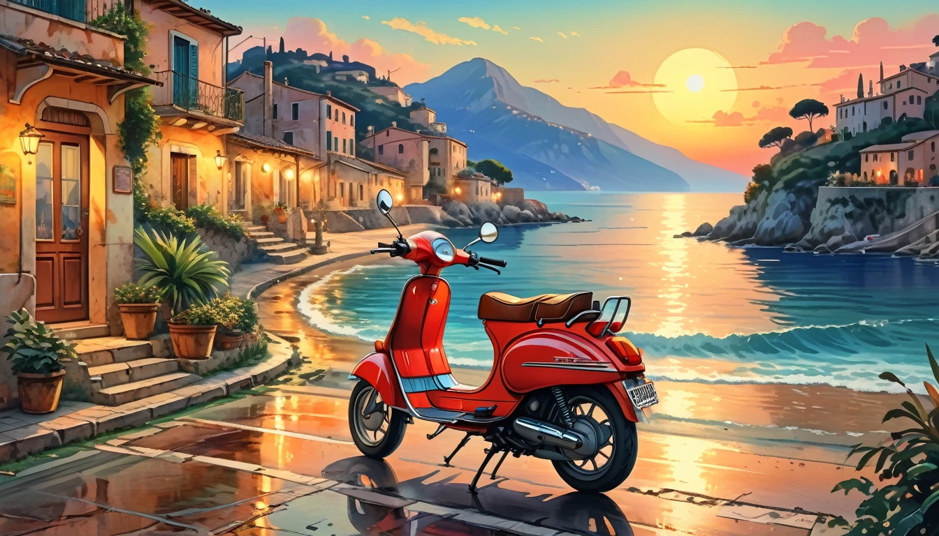 Historical masterpieces,Italian coast at dusk,Picture of a retro moped parked on the road, Beautiful artwork, OutRun art style, Beautiful digital art, Great art style, Retro style, Landscape Background,, Highly detailed digital painting,Watercolor style, super Realistic painting style, Detailed 4K painting, Realistic painting style, Awesome Wallpapers