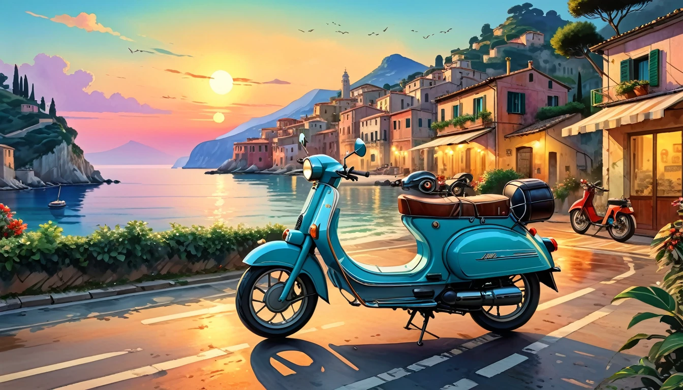Historical masterpieces,Italian coast at dusk,Picture of a retro moped parked on the road, Beautiful artwork, OutRun art style, Beautiful digital art, Great art style, Retro style, Landscape Background,, Highly detailed digital painting,Watercolor style, super Realistic painting style, Detailed 4K painting, Realistic painting style, Awesome Wallpapers