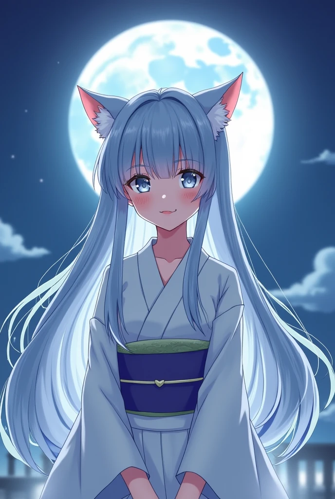 She has light blue hair, long straight hair, a white kimono, grey eyes, a cheerful face, facing forward, white cat ears, a moonlit night in the background, her bangs are straight across, and she looks a little more realistic.