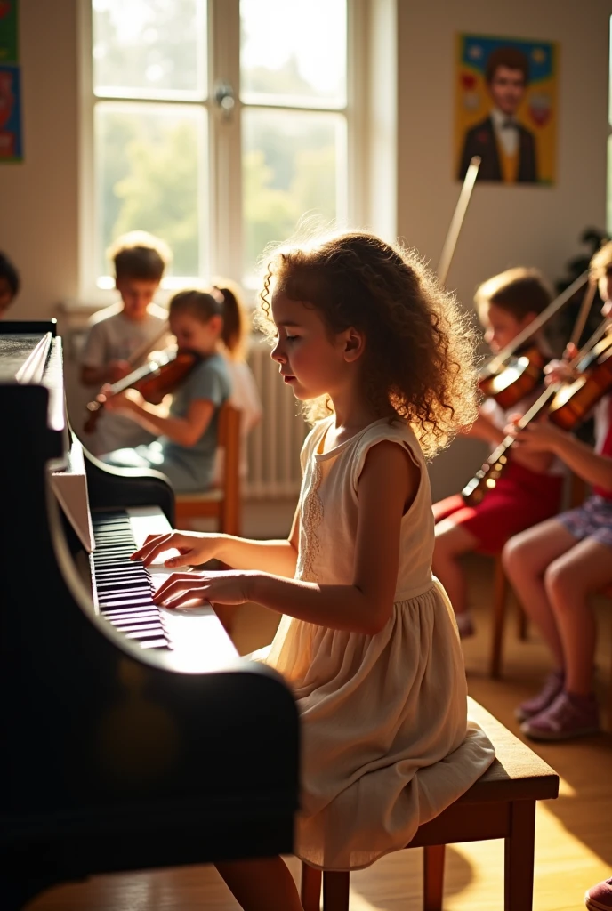 A girl playing a piano in a music school classroom and in the background there are more children playing other instruments sound music 
 