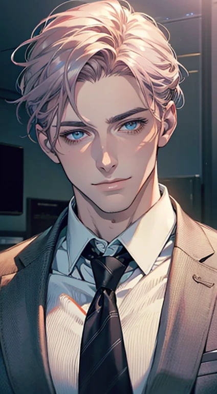 (Highest quality,4K,8K,High resolution,masterpiece:1.2),Super detailed,(Realistic,photoRealistic,photo-Realistic:1.37),1 person,31 years old,Mature Men,Beautiful skin、very handsome,Expressionless,smile,Short gray pink hair,blue eyes,Sharp Eyes,A perfect face without a doubt,Businessman,Office Background,Cinema Lighting,HDR image,tie、