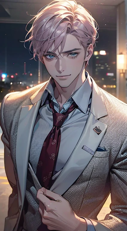 (Highest quality,4K,8K,High resolution,masterpiece:1.2),Super detailed,(Realistic,photoRealistic,photo-Realistic:1.37),1 person,31 years old,Mature Men,Beautiful skin、very handsome,Expressionless,smile,Short gray pink hair,blue eyes,Sharp Eyes,A perfect face without a doubt,Businessman,Office Background,Cinema Lighting,HDR image,tie、