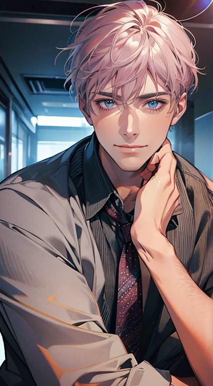 (Highest quality,4K,8K,High resolution,masterpiece:1.2),Super detailed,(Realistic,photoRealistic,photo-Realistic:1.37),1 person,31 years old,Mature Men,Beautiful skin、very handsome,Expressionless,smile,Short gray pink hair,blue eyes,Sharp Eyes,A perfect face without a doubt,Businessman,Office Background,Cinema Lighting,HDR image,tie、