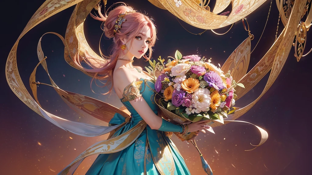 32K, 最高quality, 最高masterpiece, (ultra-Detailed Background, Detailed Background), High resolution, Super detailed, Very detailedな, 1 personの, (bouquet:1.3), (Tangled:1.2), (Geometric:1.2),(colorful),(masterpiece, quality, best quality, Official Art, Beautiful and beautiful:1.2), (1 person:1.3), Very detailed,(colorful:1.1)(Flowers:1.3),Most detailed,(Tangled:1.2), whole body, (Abstract background:1.3), (Skin glows), (Many colors:1.4), ,(Earrings Jewelry:1.5), Pale Red Background, It's imaginative., Milk tea colored hair, Updo,