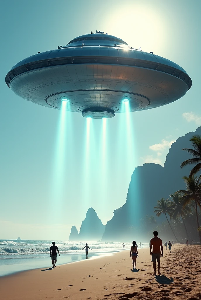 Giant UFO hovering over the beach realistic HD